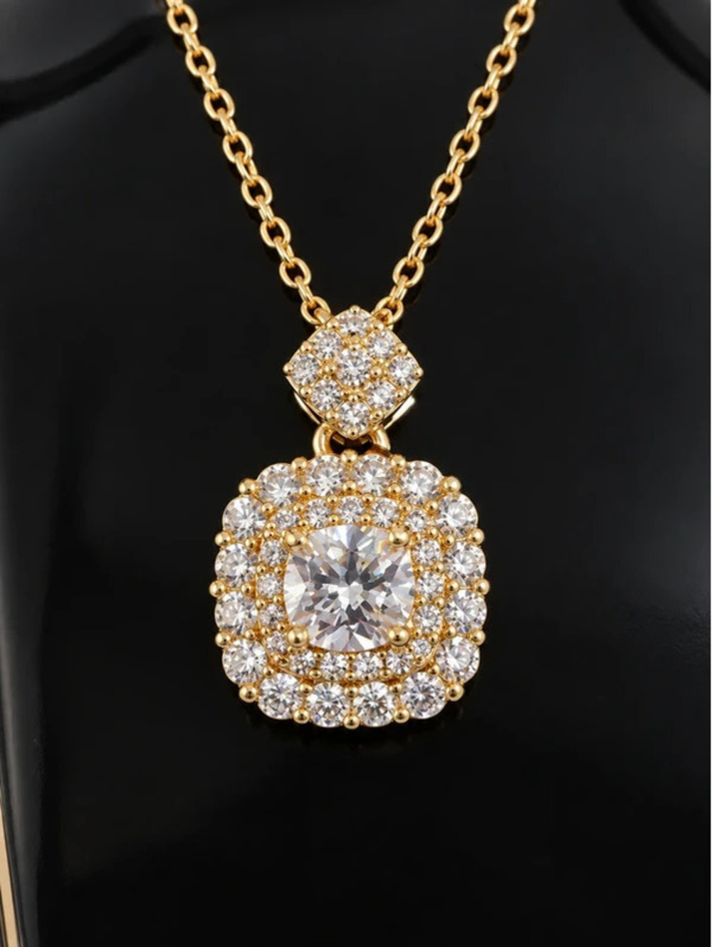 #859 Gold Tone Sparkling Cushion Halo Pendant Necklace – Clear Stones - Picture 2 of 3